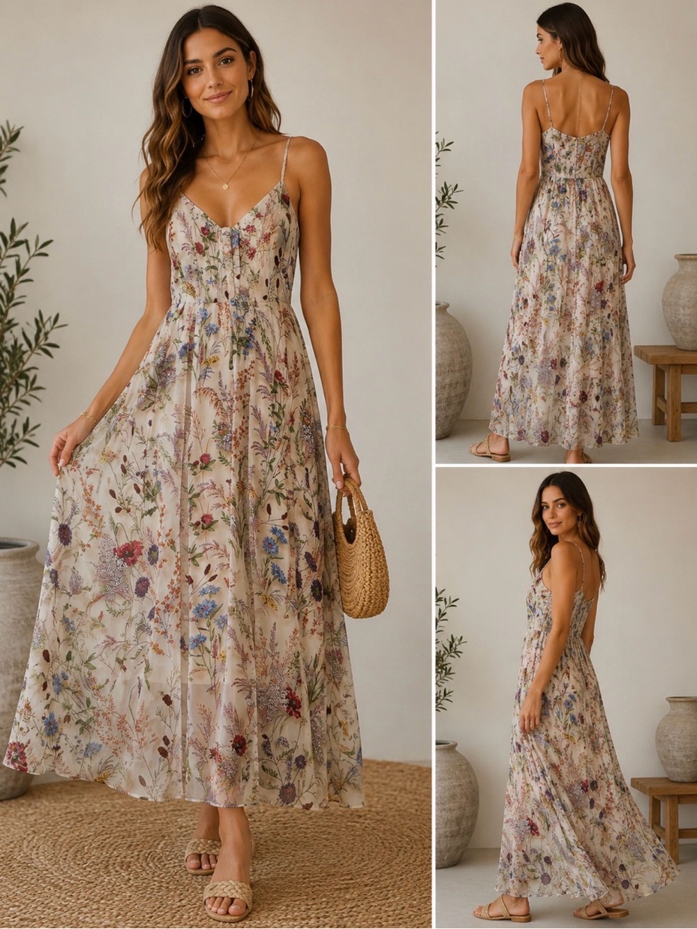Floral V-Neck Maxi Dress in Beige